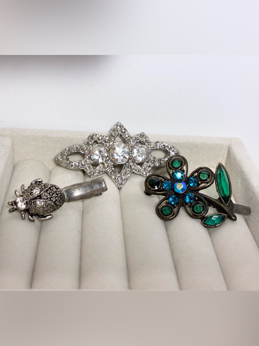 3 Pc Rhinestone Hair Clip Barrette Lot Ladybug Floral Vintage Modern
